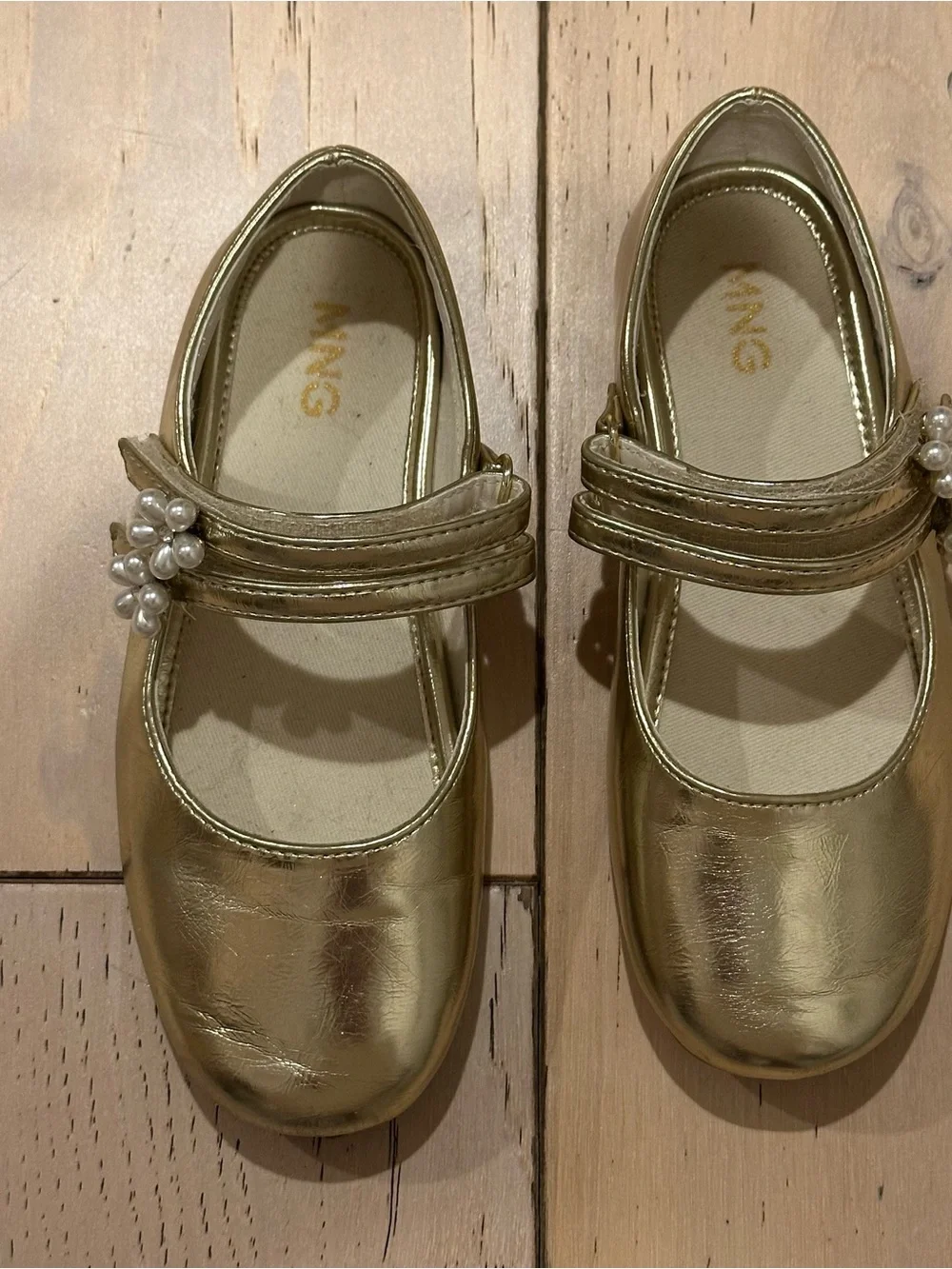 Mango Gold Mary Jane Shoes with Pearl Cluster